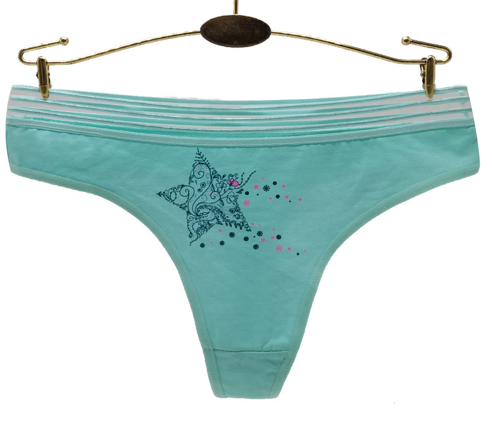 6 pcs solid color women's cotton thong with stars printing knitted breathable brief