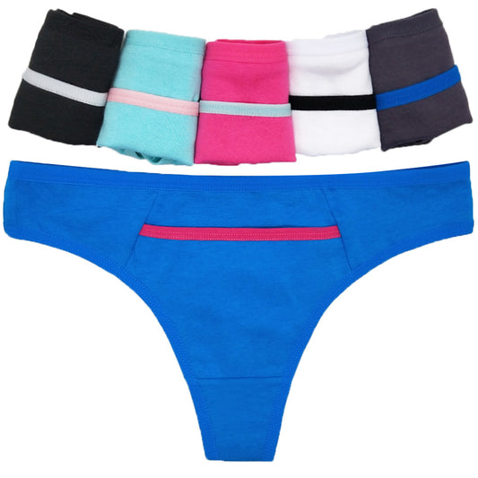 6 pcs women's cotton thong solid color with front pocket knitted breathable brief for everyday