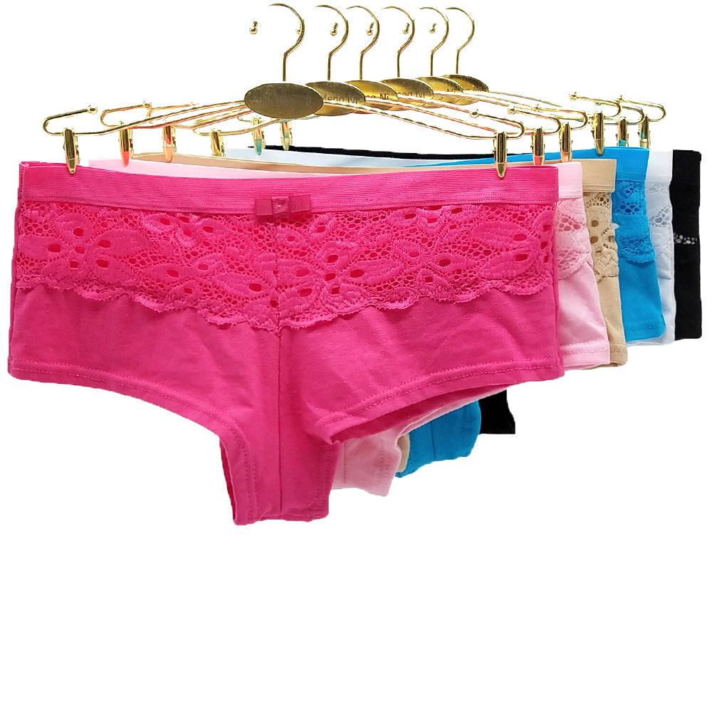 6 pcs women's cotton underwear colorful boyshort with lace stitching comfort mid-waist band