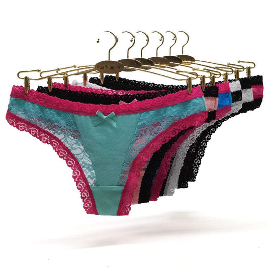 6 pcs women's cotton thong contrast color lace stitching breathable and stretchy colorful brief