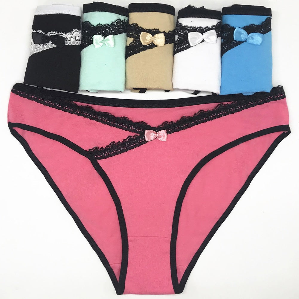 6 pcs women's cotton underwear contrast with lace edge knitted breathable lovely for young girl