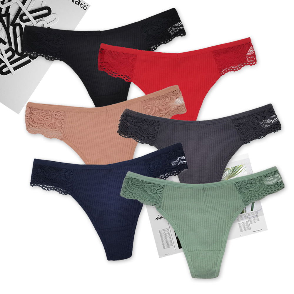 6 pcs women's cotton underwear knitted solid color brief with lace stitching for everyday