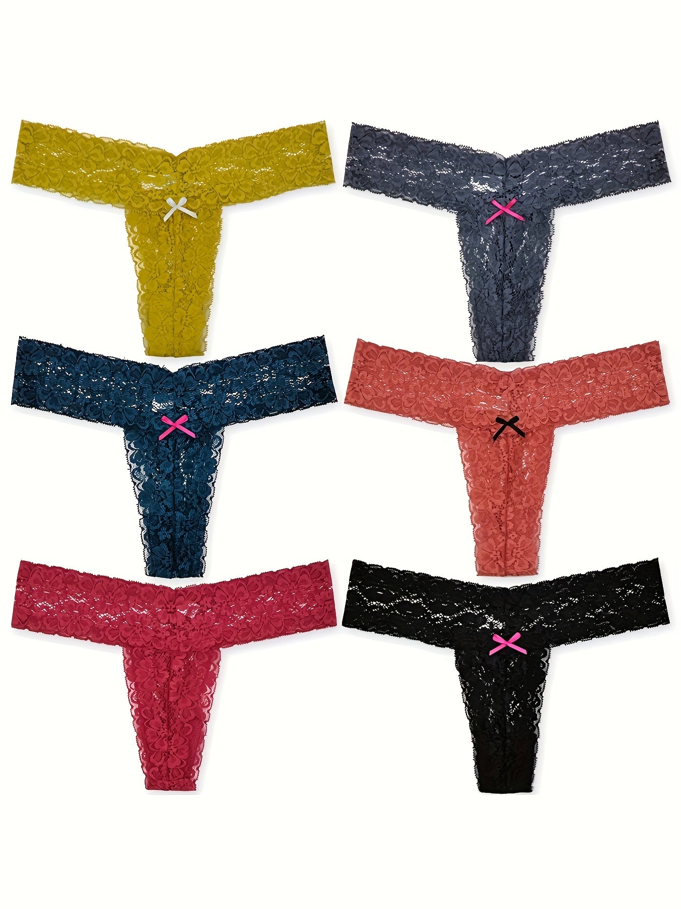 6 pcs women's lace thong V-shape waist band sexy for lady knitted breathable and comfortable