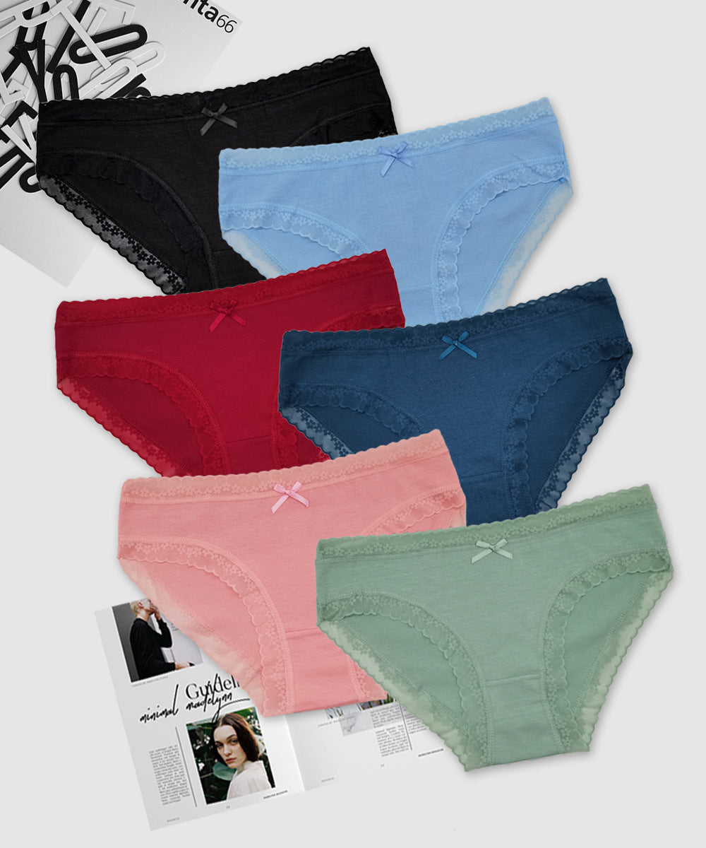 6 pcs women's cotton brief solid color with lace edge soft and breathable design for everyday factory price