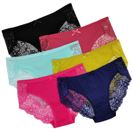 6 pcs women's cotton underwear knitted with lace stitching solid color brief for young lady