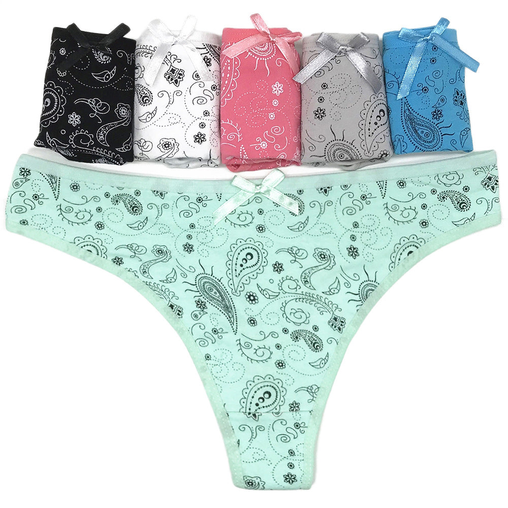 6 pcs women's cotton underwear sexy thong with printing for sxey young girl knitted breathable and stretchy