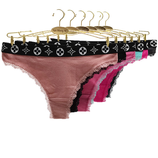 6 pcs women's cotton thong solid color with lace edge stretchy waist band sexy for everyday