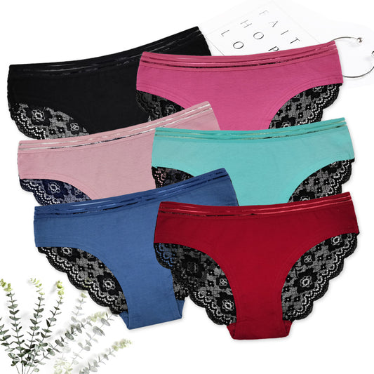 6 pcs women's cotton underwear with sexy lace back colorful design for sexy lady