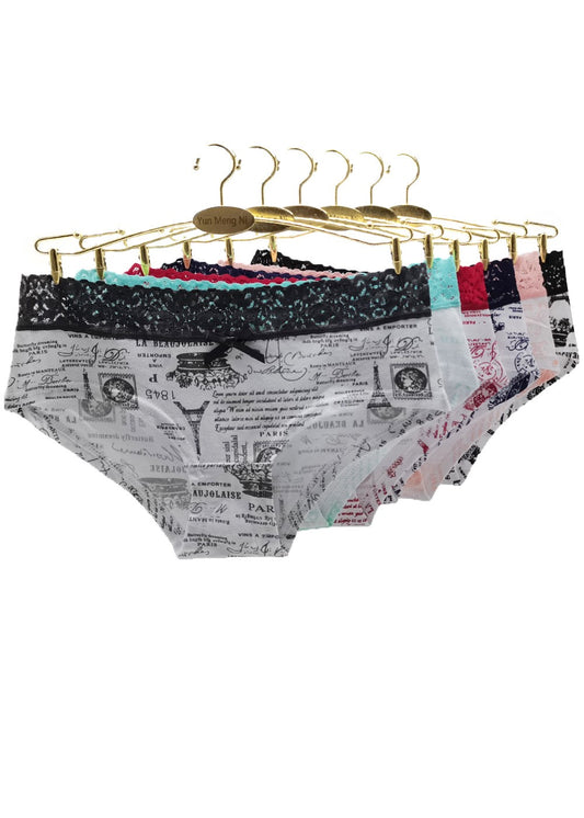 6 pcs women's cotton underwear with lace waist band and printing knitted for everyday