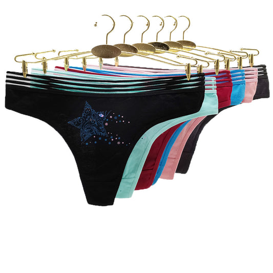 6 pcs solid color women's cotton thong with stars printing knitted breathable brief