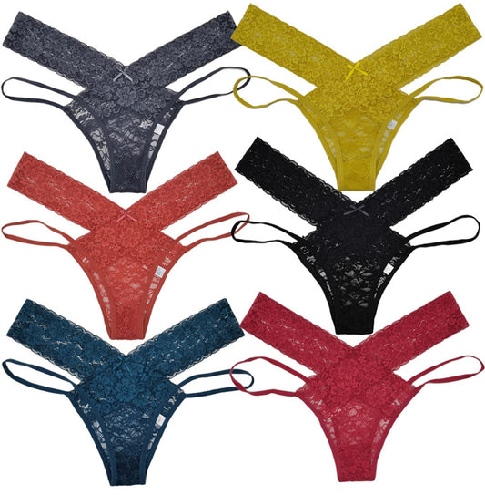 6 pcs women's lace underwear with sexy cross string waist band for young lady knitted breathable