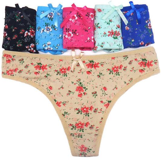 6 pcs women's cotton thong with colorful floral printing knitted breathable for young girl