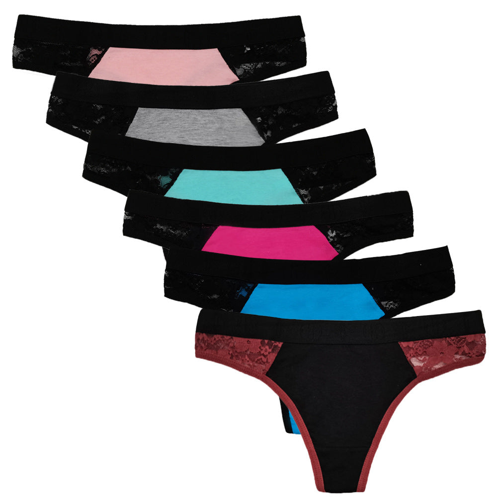 6 pcs women's cotton thong contrast edge with lace stitching colorful design for young girl