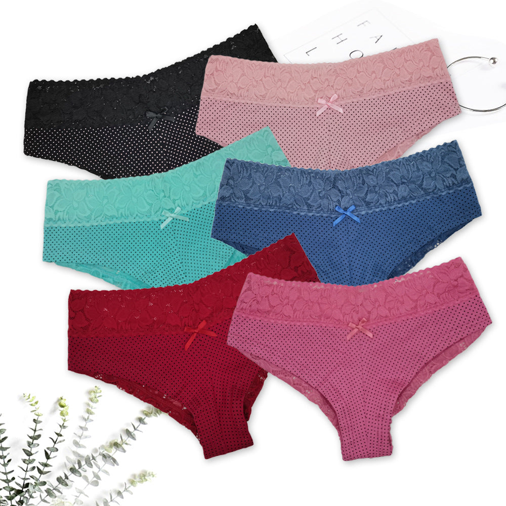 6 pcs women's cotton underwear with lace waist band multi-color for everyday with lace back