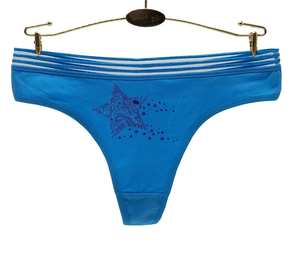 6 pcs solid color women's cotton thong with stars printing knitted breathable brief