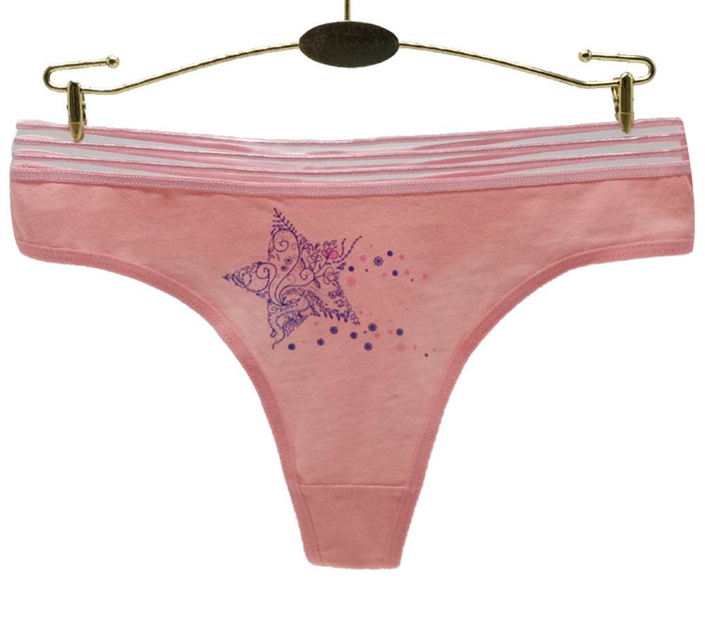 6 pcs solid color women's cotton thong with stars printing knitted breathable brief