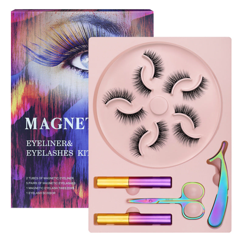 5 Pack 3D Reusable Waterproof  Magnetic Mink False Eyelashes With Eyeliner Glue