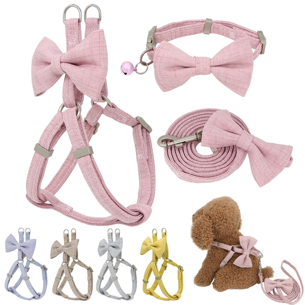 Neepet Dog Harness Leash Collar Set Soft Cute Bow Double Layer Pet Collar Leash