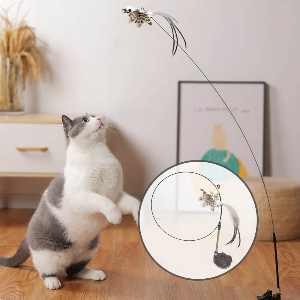 Neepet Interactive Cat Toy Feather Bird with Bell Bird Pet Stick Toy Kitten Teaser