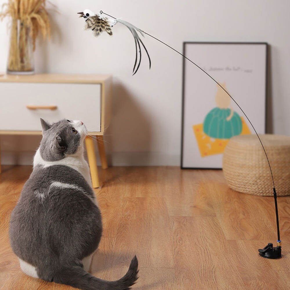 Neepet Interactive Cat Toy Feather Bird with Bell Bird Pet Stick Toy Kitten Teaser