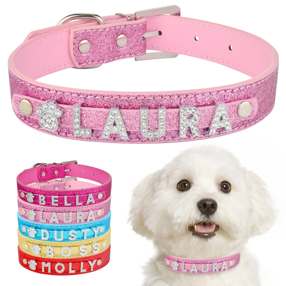 Neepet Customize Dog Collar Leather Bling Charms Cat Name Collar