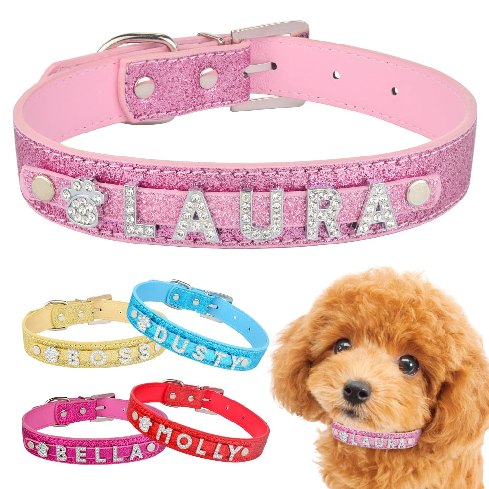 Neepet Customize Dog Collar Leather Bling Charms Cat Name Collar